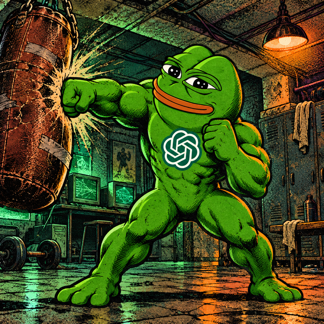PepePunch GPT hits a heavy bag in an underground computer gym