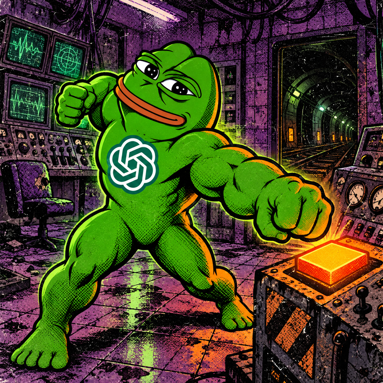PepePunch GPT prepares to hit a glowing control button in an abandoned metro station
